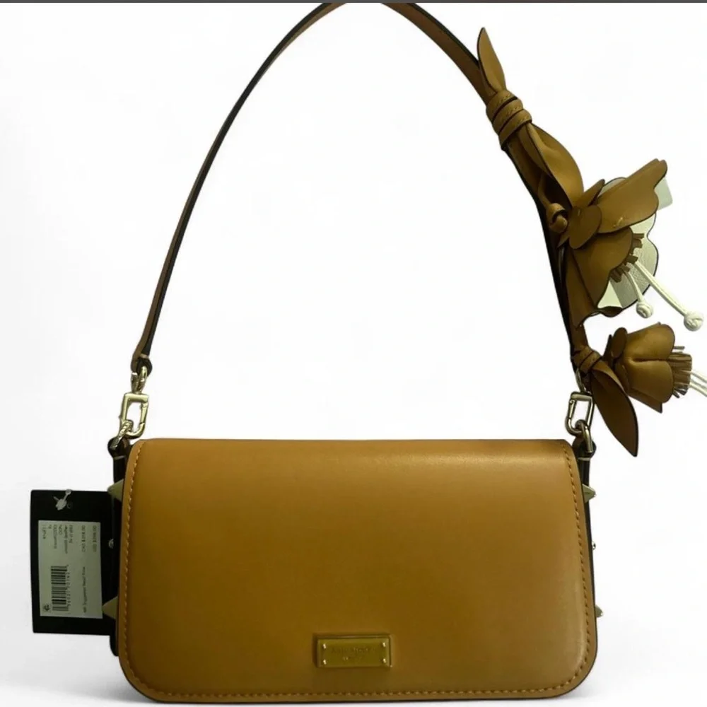 NWT Kate Spade Tan Leather Shoulder Bag with 3D Floral Accent.